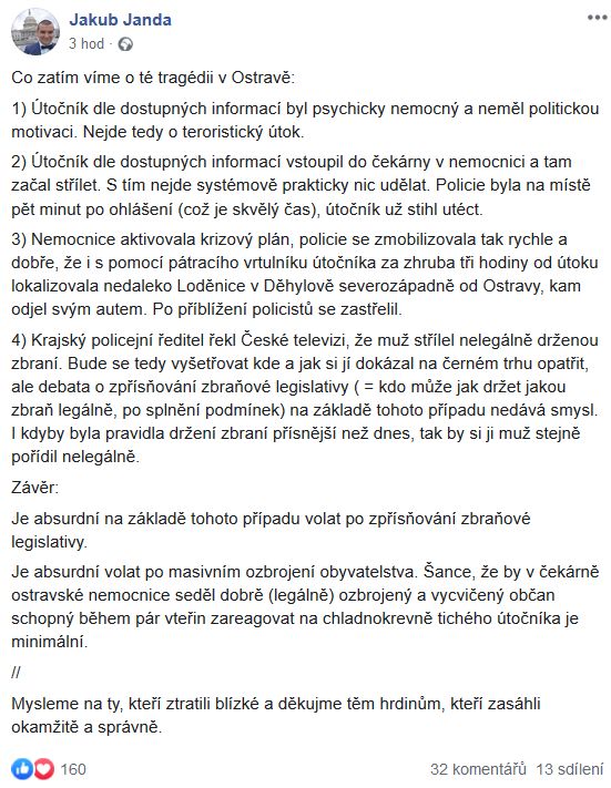Jakub Janda o střelci z Ostravy
